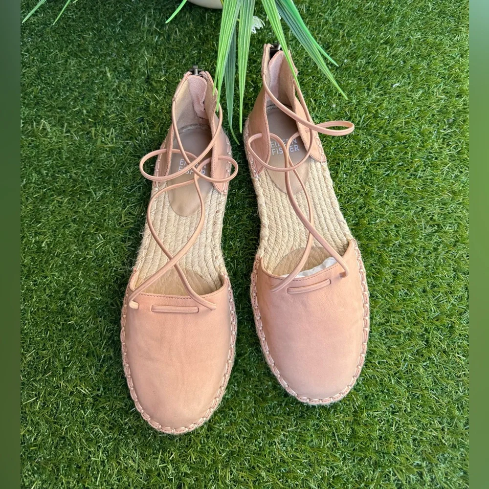 EILEEN FISHER Lee Perforated Suede Flat Espadrilles Barley size 6.5